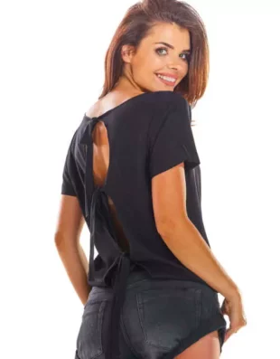 Дамска черна риза с къс ръкав и дантела на гърба
