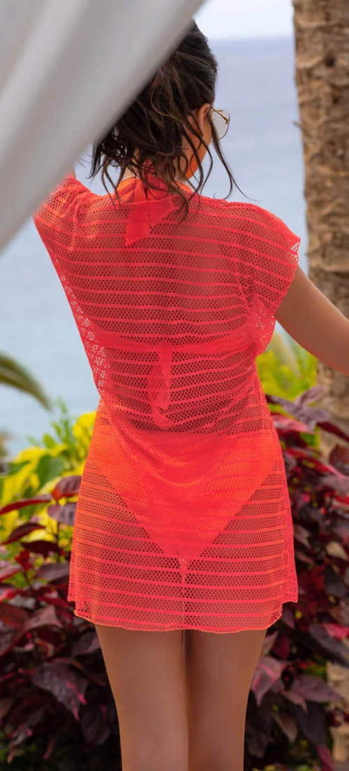 Оранжева мрежеста плажна рокля с къси ръкави